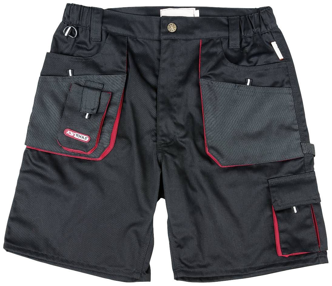 Eine schwarze Arbeitshose mit roten Nähten und mehreren Taschen, ideal für Werkzeuge und Zubehör.