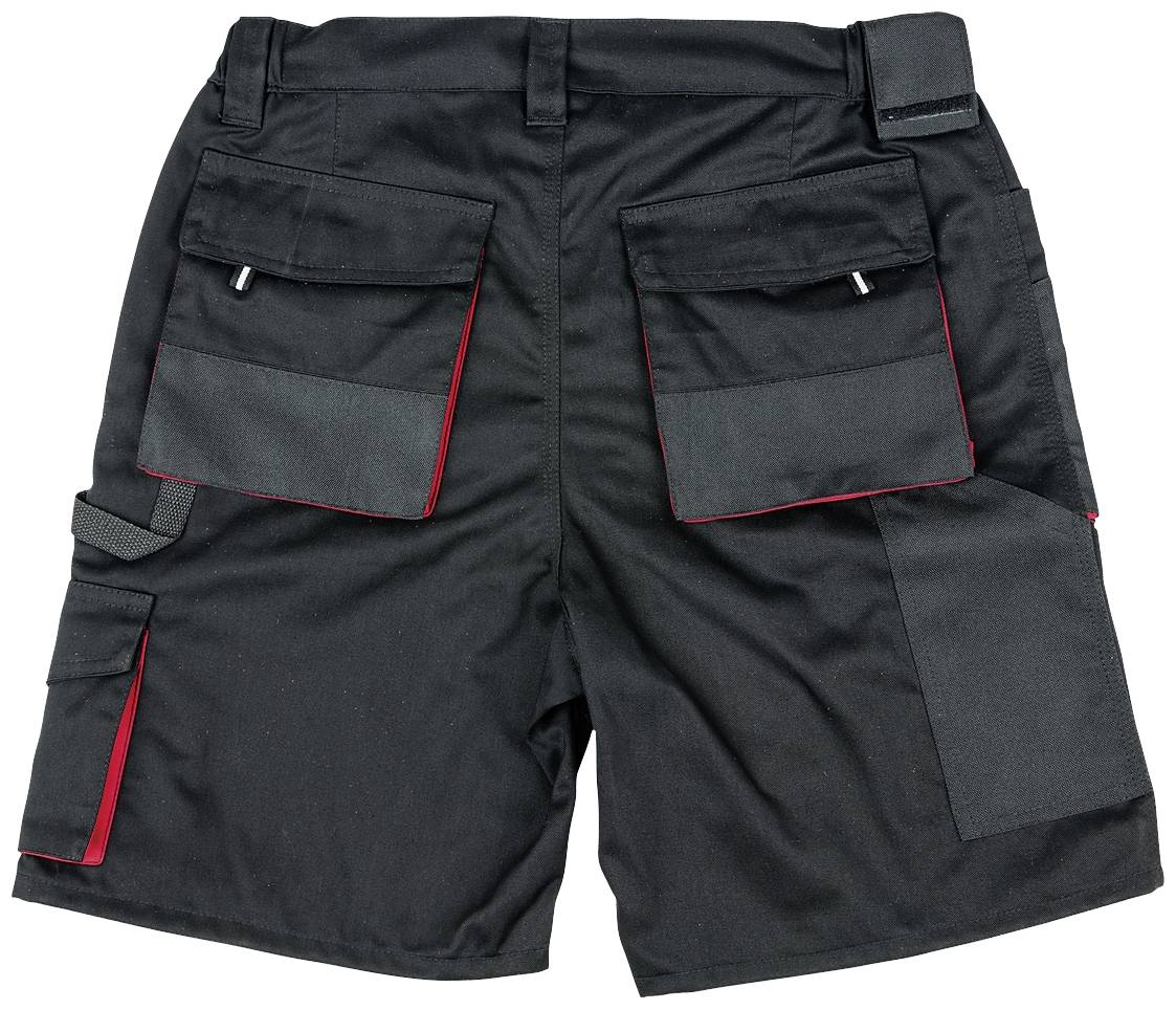 Schwarze Arbeitsshorts mit mehreren Taschen und roten Akzenten, Rückansicht. Geeignet für handwerkliche Tätigkeiten.