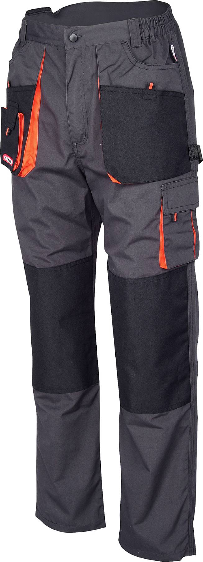 Arbeitshose in dunklem Grau mit schwarzen und orangenen Kontrasteinsätzen, mehreren Taschen und Knieverstärkung.