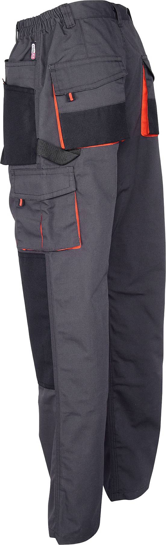 Arbeitshose in Grau mit schwarzen und orangefarbenen Akzenten, mehreren Taschen und einem elastischen Bund, seitlich aufgenommen.
