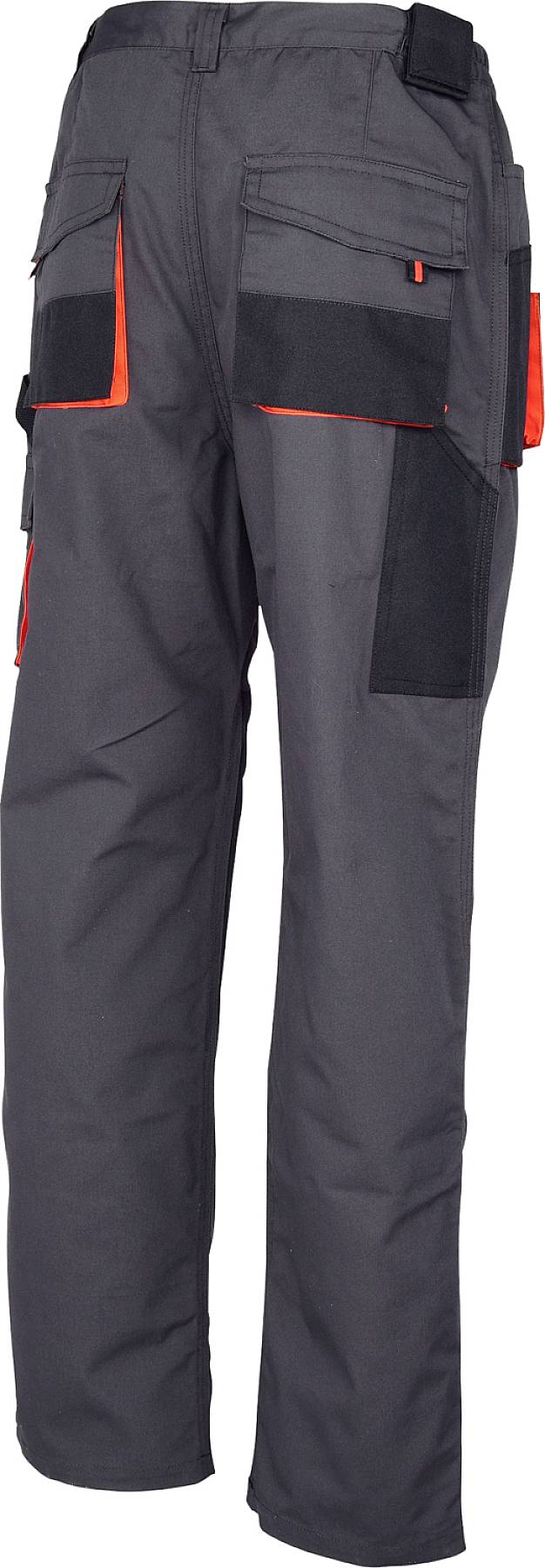 Eine graue Arbeitshose mit mehreren Taschen, darunter schwarze und orangene Akzente, angepasst für den Einsatz bei handwerklichen Tätigkeiten.