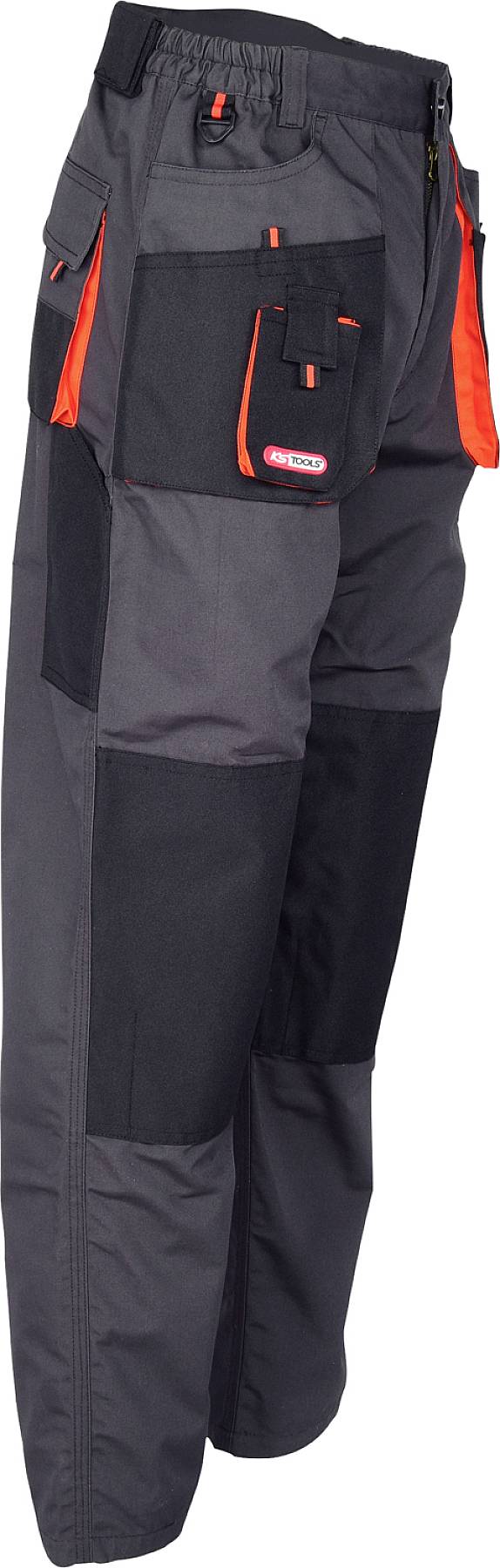 Arbeitshose mit Kniepolstern, mehrfarbiger Stoff in Grau und Schwarz, rote Akzente an den Taschen, strapazierfähiges Material.