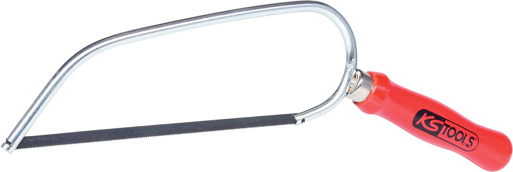 Bügelsäge mit rotem Griff und schwarzem Sägeblatt, ideal für feine Metallschnitte.