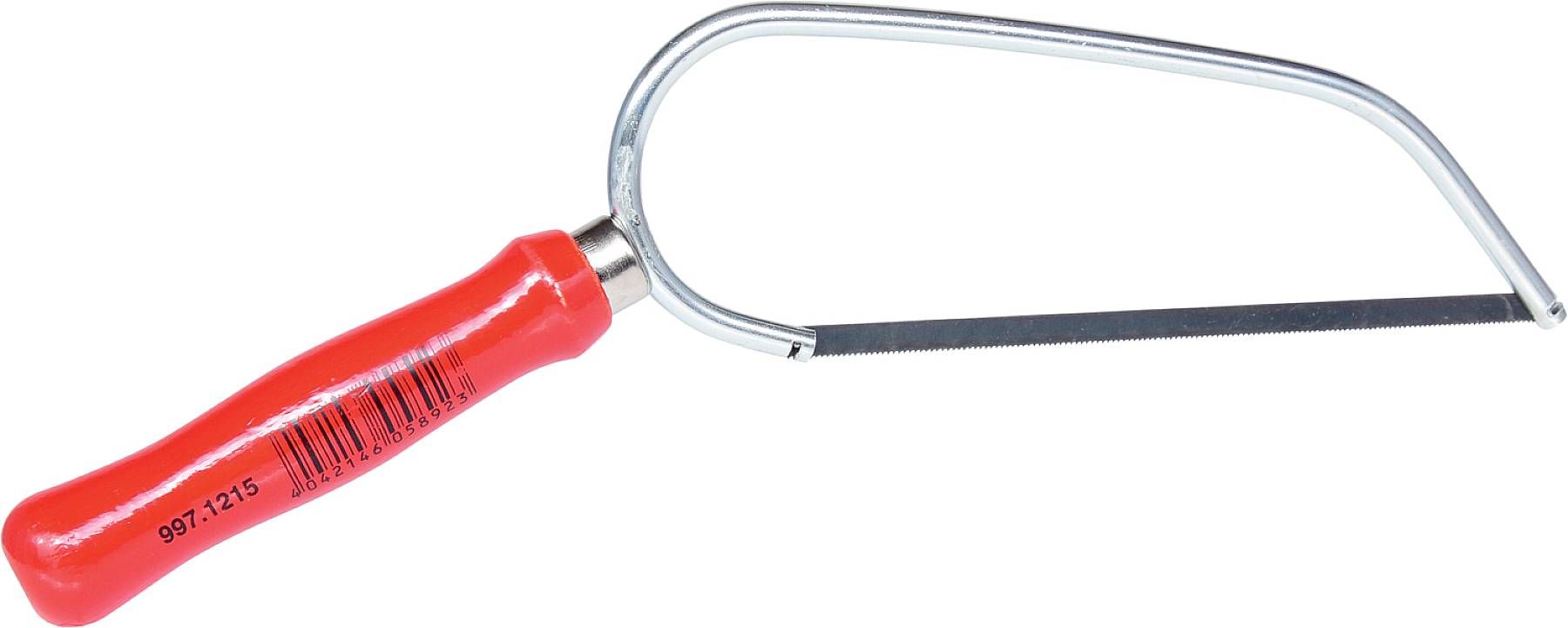 Metallsäge mit rotem Griff und silbernem Bogen, geeignet zum Schneiden von Metallstäben und -blättern.