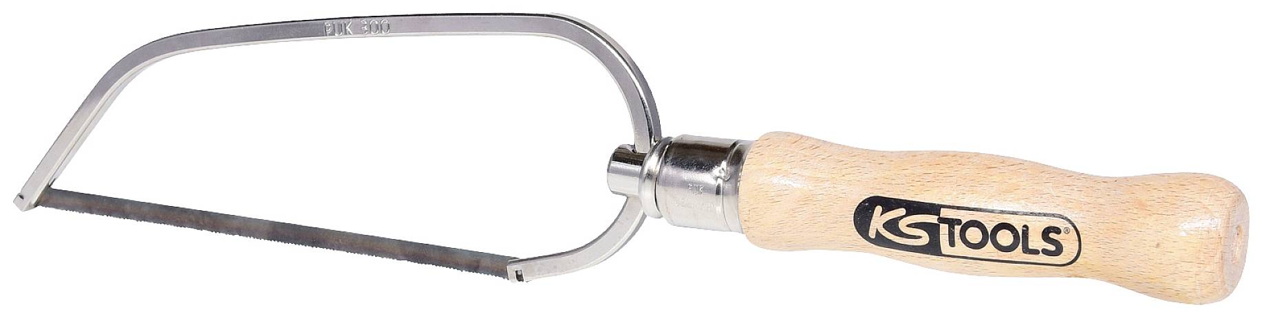 Ein kleiner Drahtsäge mit Holzgriff und einer dünnen Metallklinge. Der Griff trägt das Logo 'KS TOOLS'.