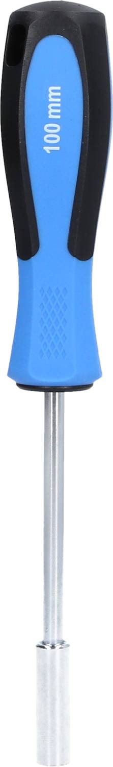 Blauer Schraubendreher mit schwarzem Griff und Aufschrift '100 mm' auf dem Griff.