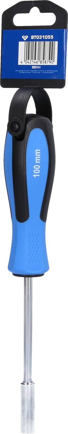 Schraubendreher mit blauem Griff, Länge 160 mm, am Verkaufshaken hängend.