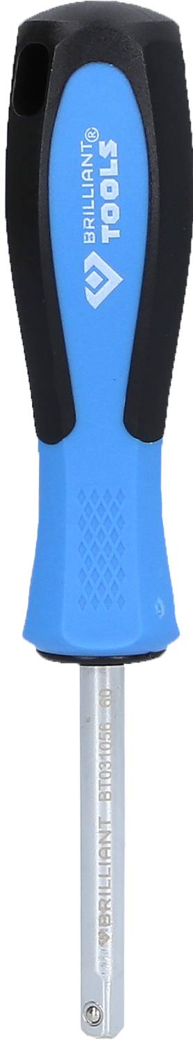 Ein blauer Schraubendreher mit rutschfestem schwarzen Griff und Metallspitze, markiert mit 'TOOL'.