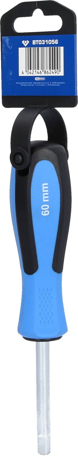 Blauer Schraubendreher mit schwarzem Griff und einem 60 mm Metallstab. Verpackung oben zeigt Produktcode BD2B9069.