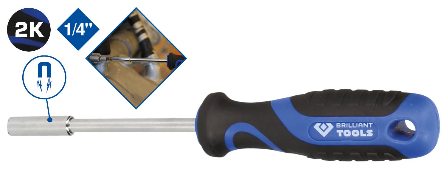 Schraubendreher mit blau-schwarzem Griff, magnetischer Spitze. Einsatz für 1/4