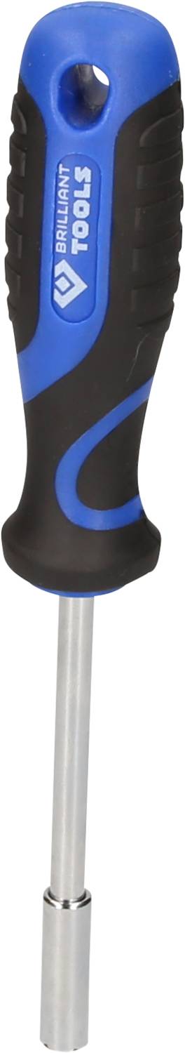 Schraubendreher mit blau-schwarzem Griff, Metallklinge. Markenname auf Griff sichtbar.