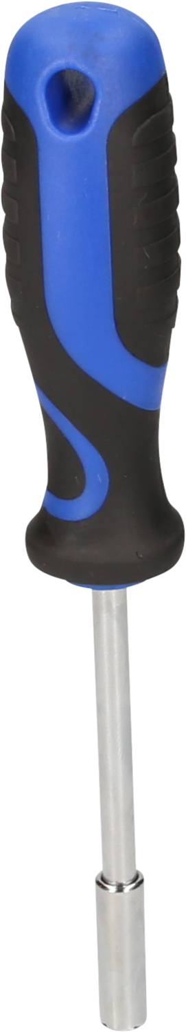 Ein Schraubendreher mit blau-schwarzem Griff und einem silbernen Metallschaft, der zum Anziehen oder Lösen von Schrauben verwendet wird.