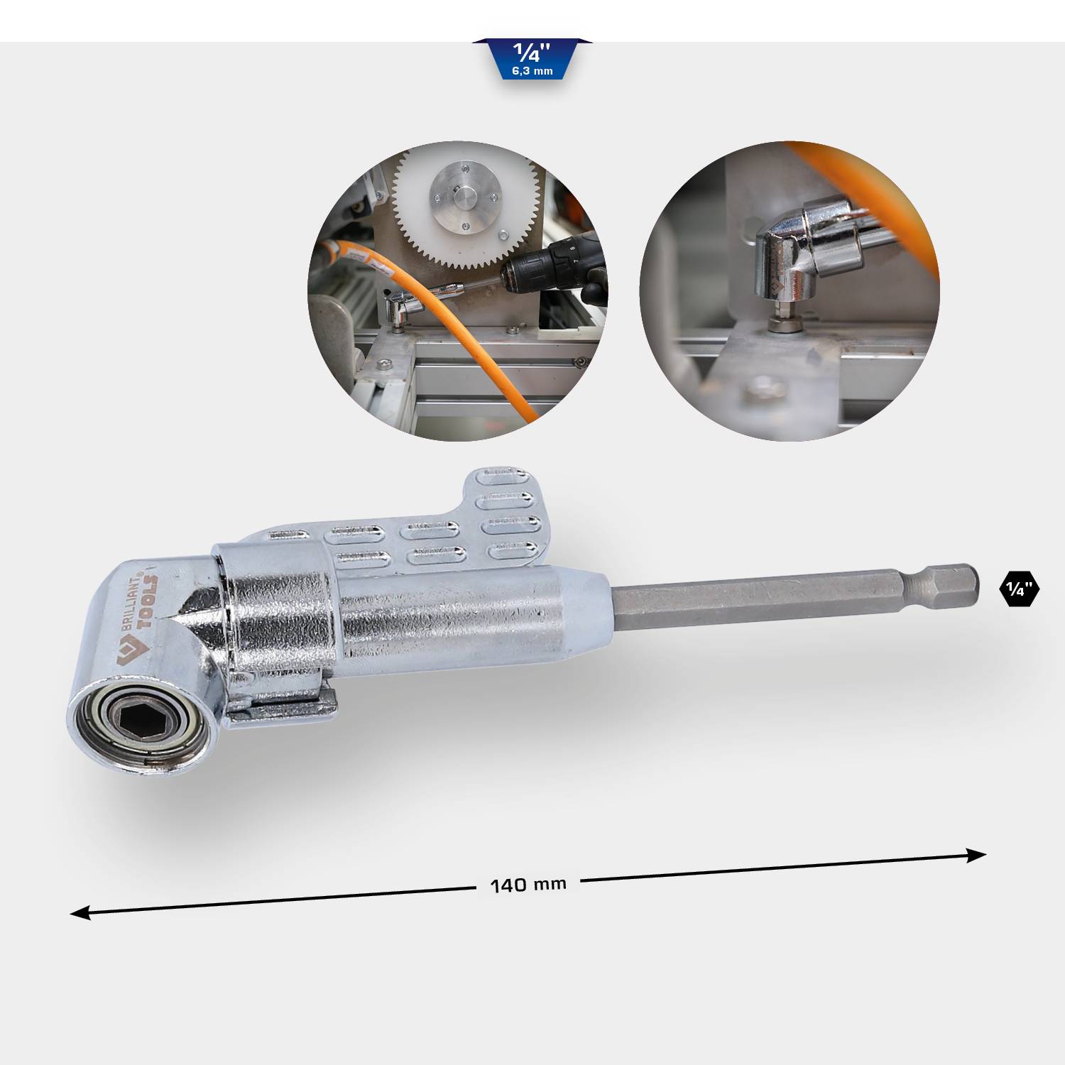 Winkelbohrvorrichtung mit 1/4-Zoll-Anschluss, Länge 140 mm, geeignet für enge Räume; oben Details der Anwendung bei Getriebe.