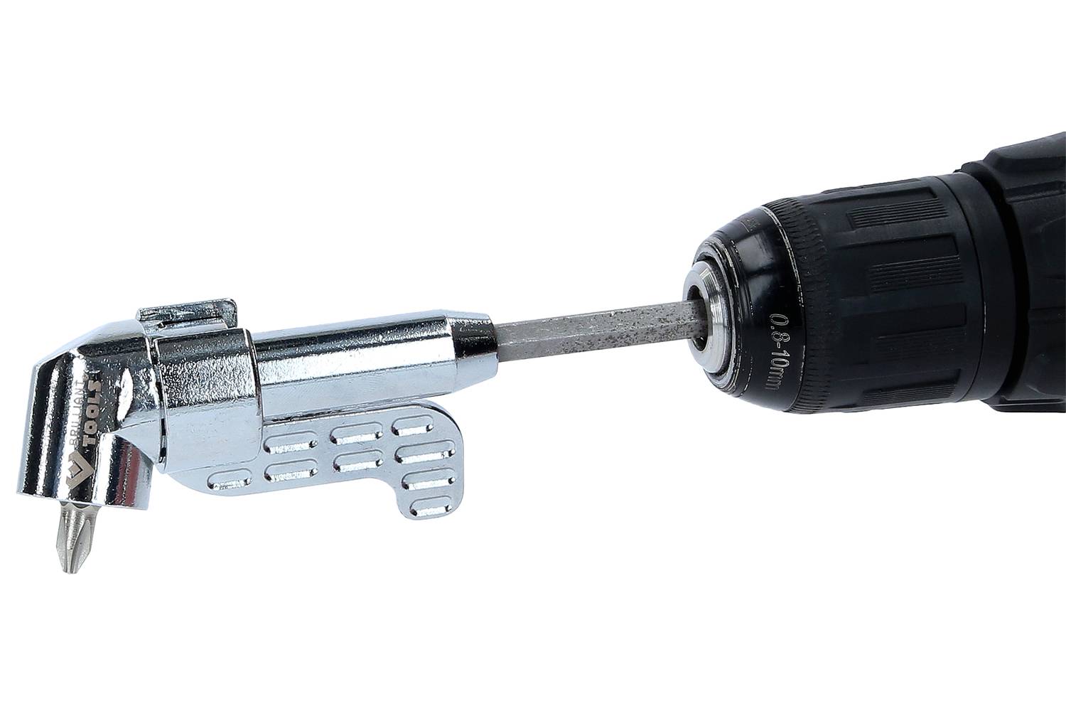 Ein Bohrmaschinenaufsatz mit einem abgewinkelten Kopf, der das Bohren in schwer zugänglichen Bereichen erleichtert.