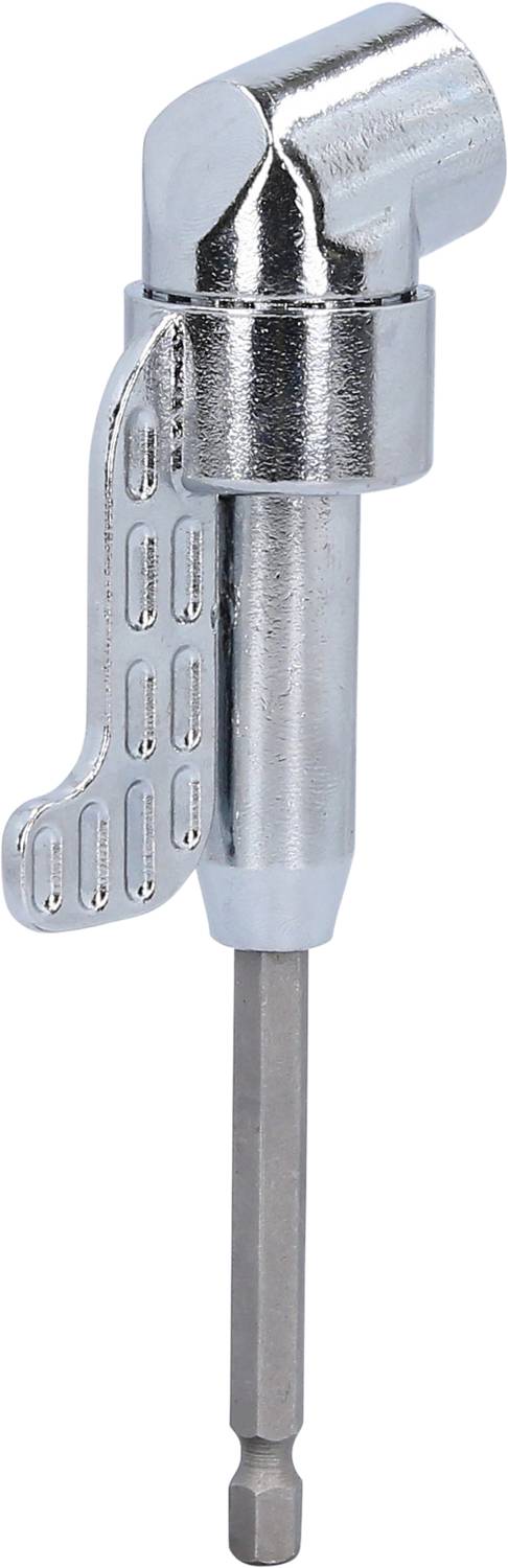 Ein silberfarbener Winkeladapter für Bohrmaschinen, der eine um 90 Grad abgewinkelte Spitze und einen Griff zur Stabilisierung aufweist.