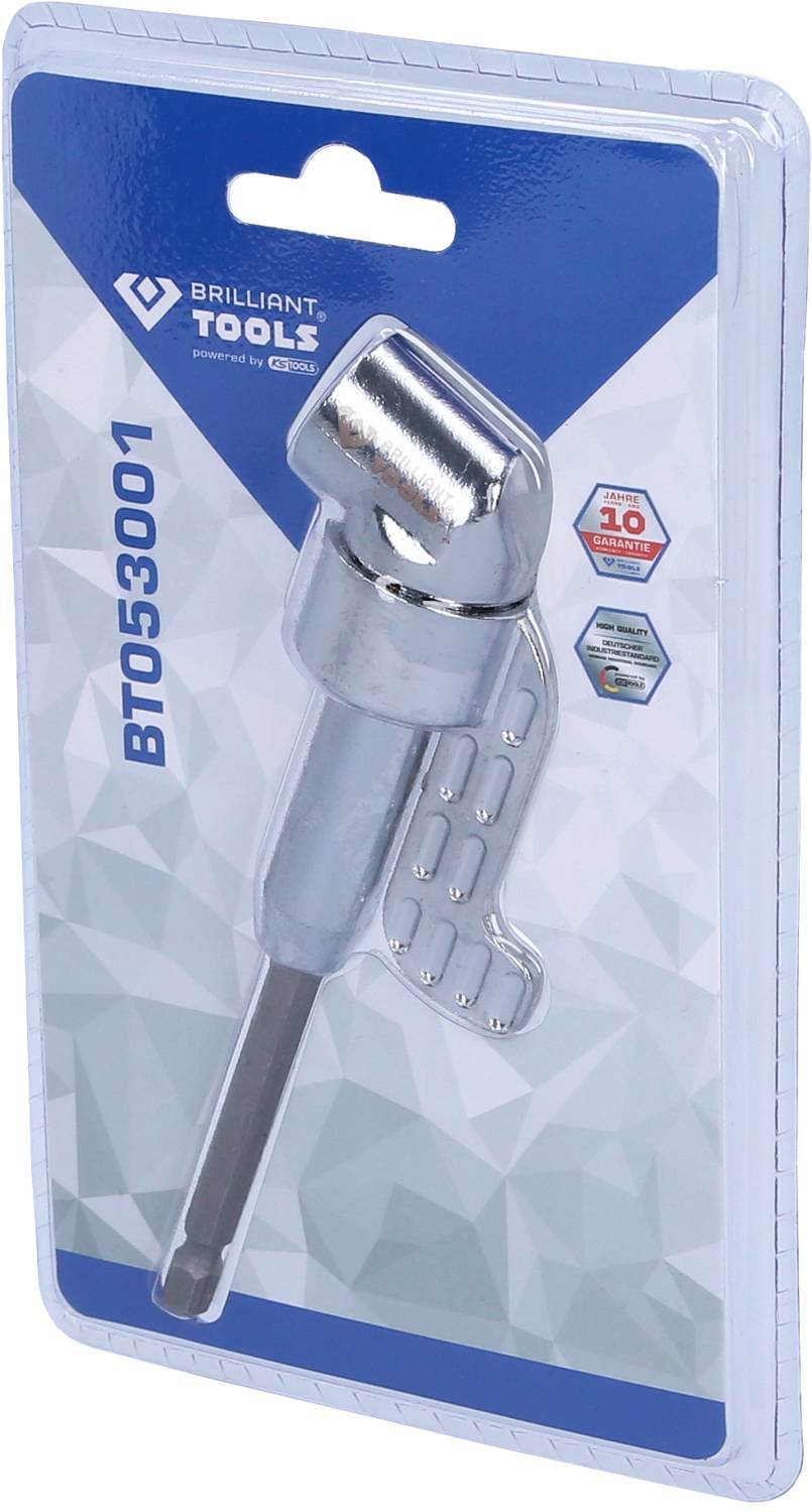 'Brilliant Tools BT053001' abgewinkelter Bit-Halter in Verpackung gezeigt, geeignet zum Einsatz von Bits in schwer zugänglichen Bereichen.