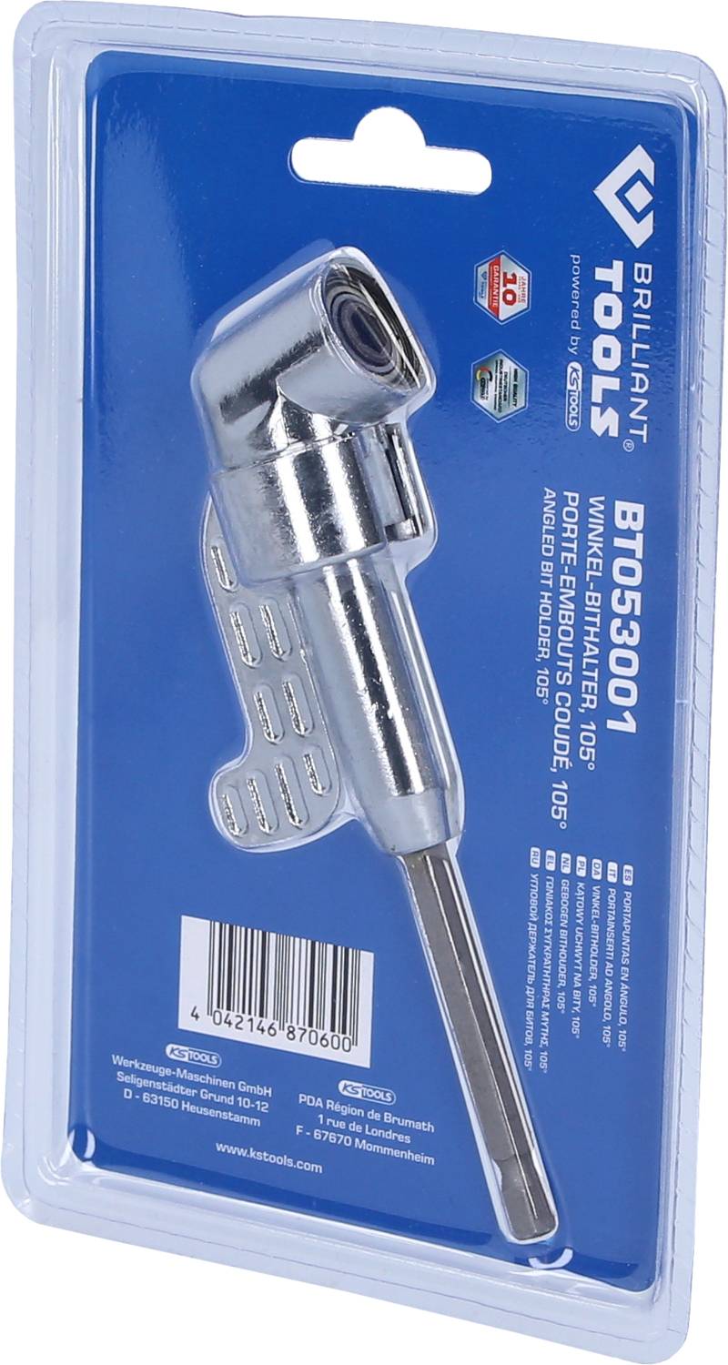 Verpacktes Winkelbit-Set von Brilliant Tools. Enthält einen chromfarbenen Bithalter mit 105-Grad-Winkel, kleines Werkzeug-Set.