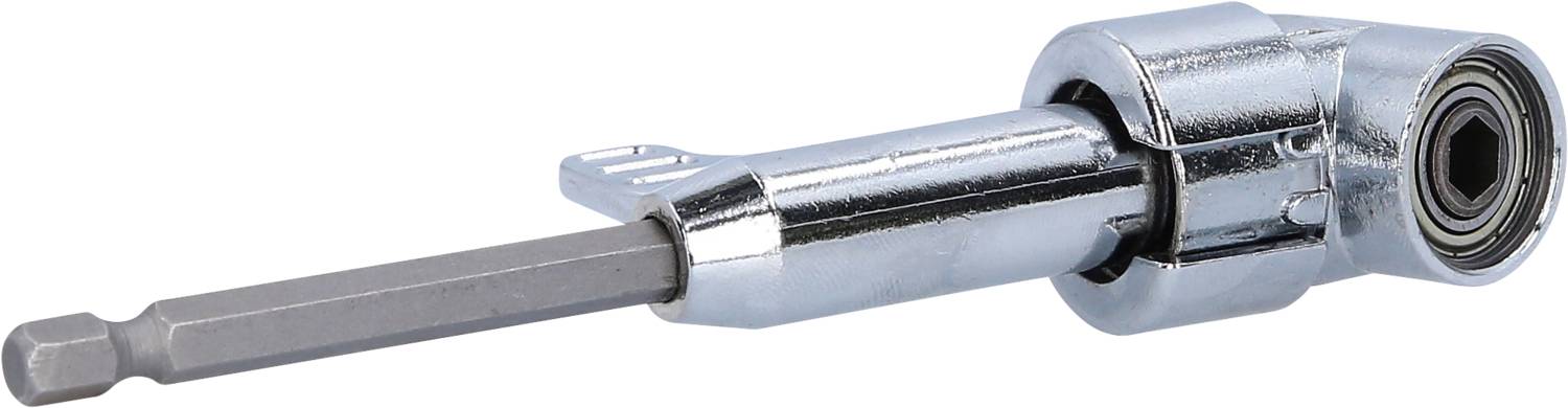 Metallischer Winkelaufsatz für Bohrmaschinen mit sechseckigem Kopf und Gelenk zur Erweiterung der Einsatzmöglichkeiten.