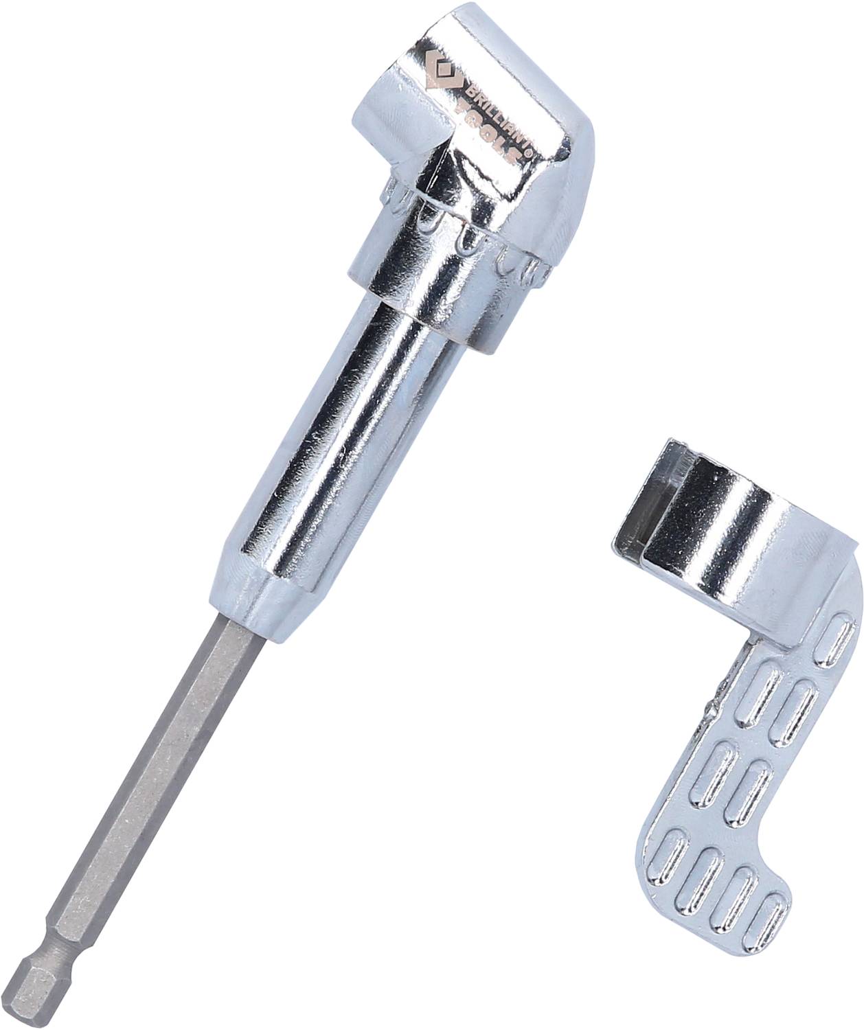 Ein silberner Winkeladapter für Bohrmaschinen mit abgewinkeltem Kopf und abnehmbarer Griffstütze. Ideal für schwer zugängliche Stellen.