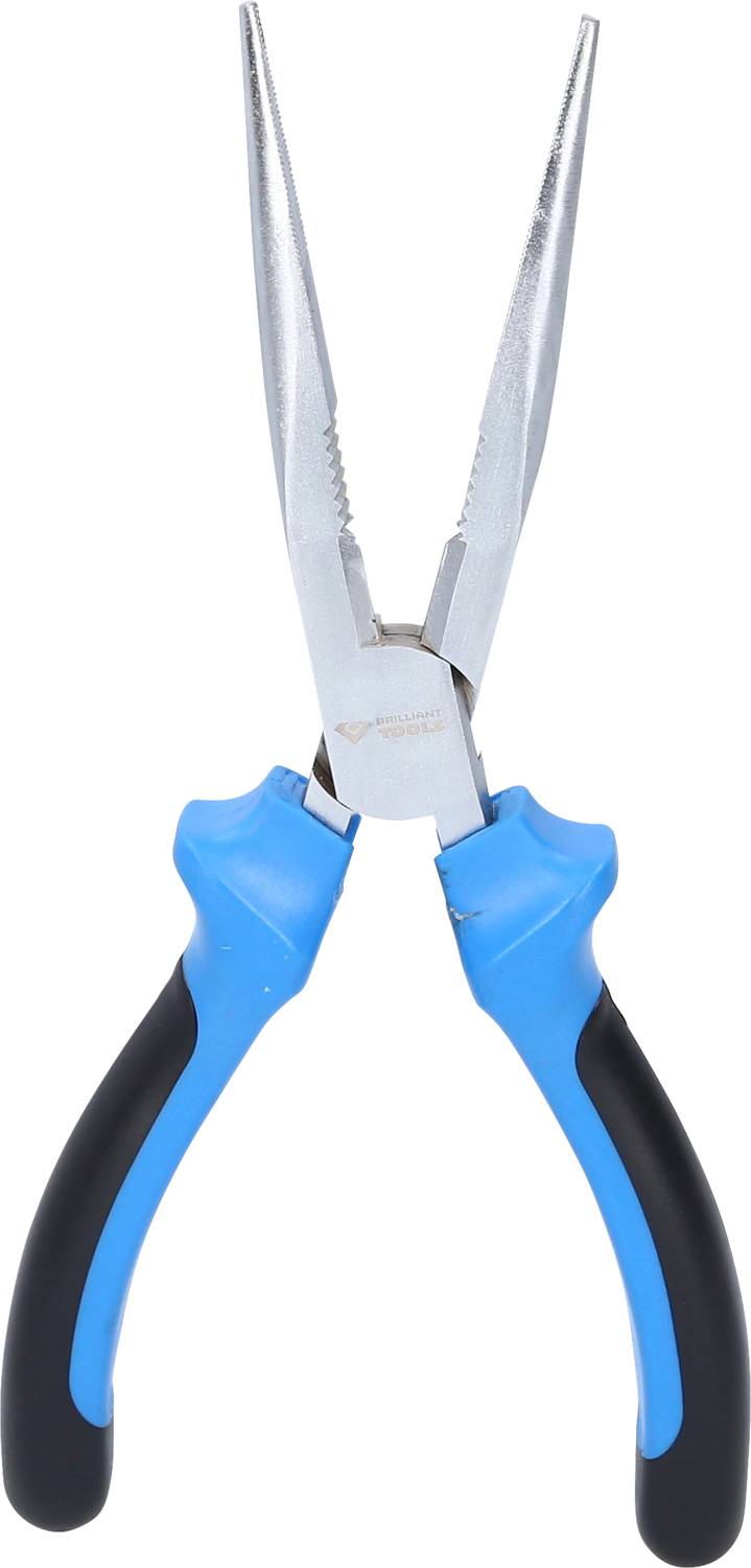 Spitzzange mit blauen und schwarzen Griffen, zur präzisen Handhabung kleiner Objekte, vor weißem Hintergrund abgebildet.