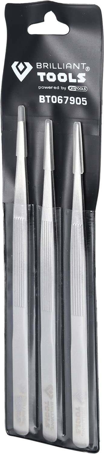 Eine Verpackung mit drei silbernen Pinzetten der Marke 'Brilliant Tools'. Sie sind lang und schmal, geeignet für präzise Arbeiten.