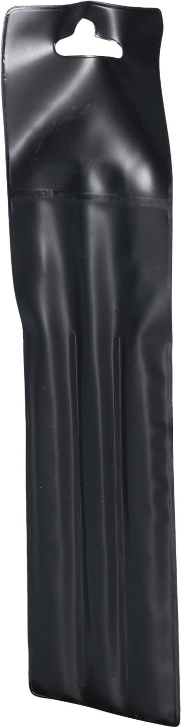 Schwarze, längliche Kunststoffverpackung mit Aufhängeloch oben. Die Funktion oder der Inhalt ist nicht sichtbar.