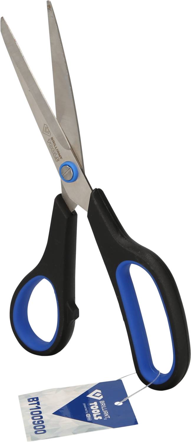 Schere mit schwarzem Griff und blauen Akzenten, leicht geöffnet. An einem Griff hängt ein Etikett mit dem Text 'BY ROCHECHOUART'.