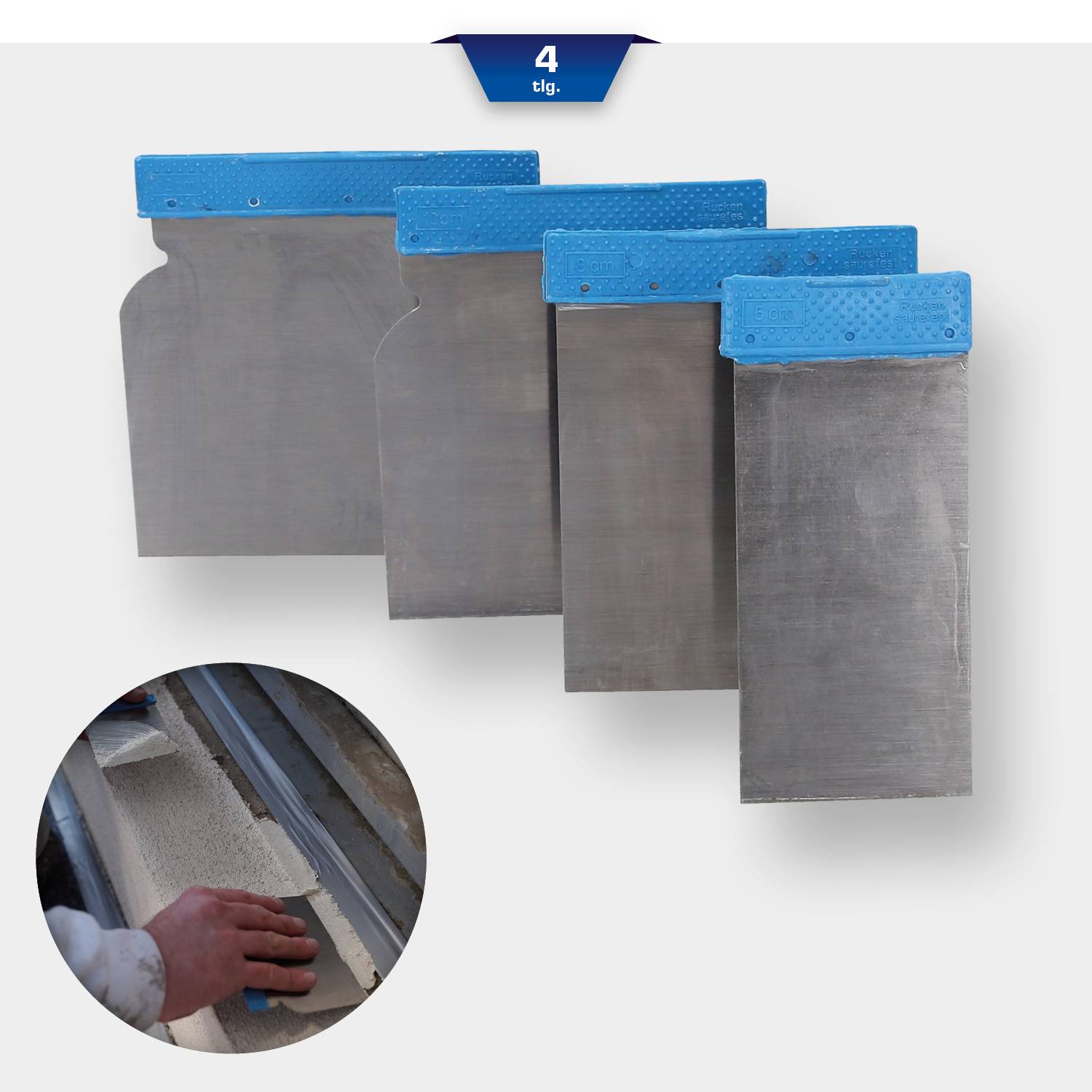 Satz aus vier Putzkellen mit blauen Griffen. Rundes Bild zeigt Anwendung der Kelle zum Verputzen.