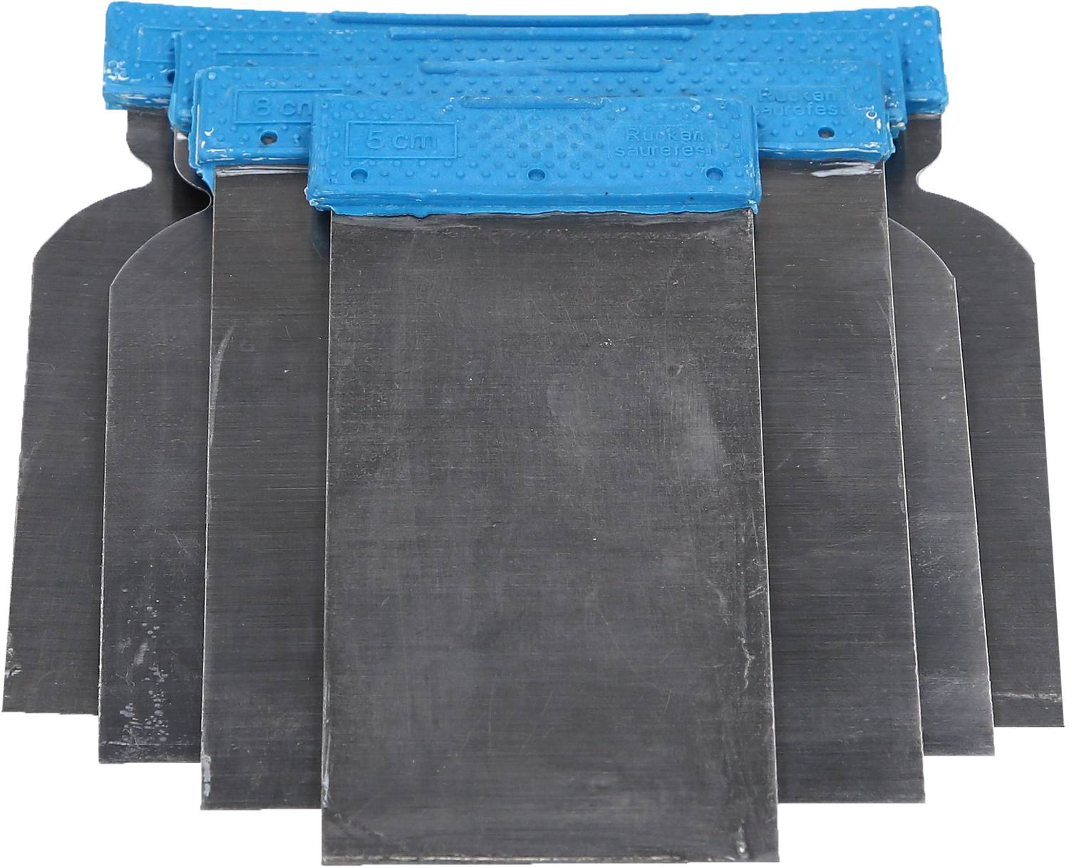 Stapel von fünf Spachtelkellen in verschiedenen Größen, mit blauem Kunststoffgriff, entworfen für das Auftragen von Spleißmassen.