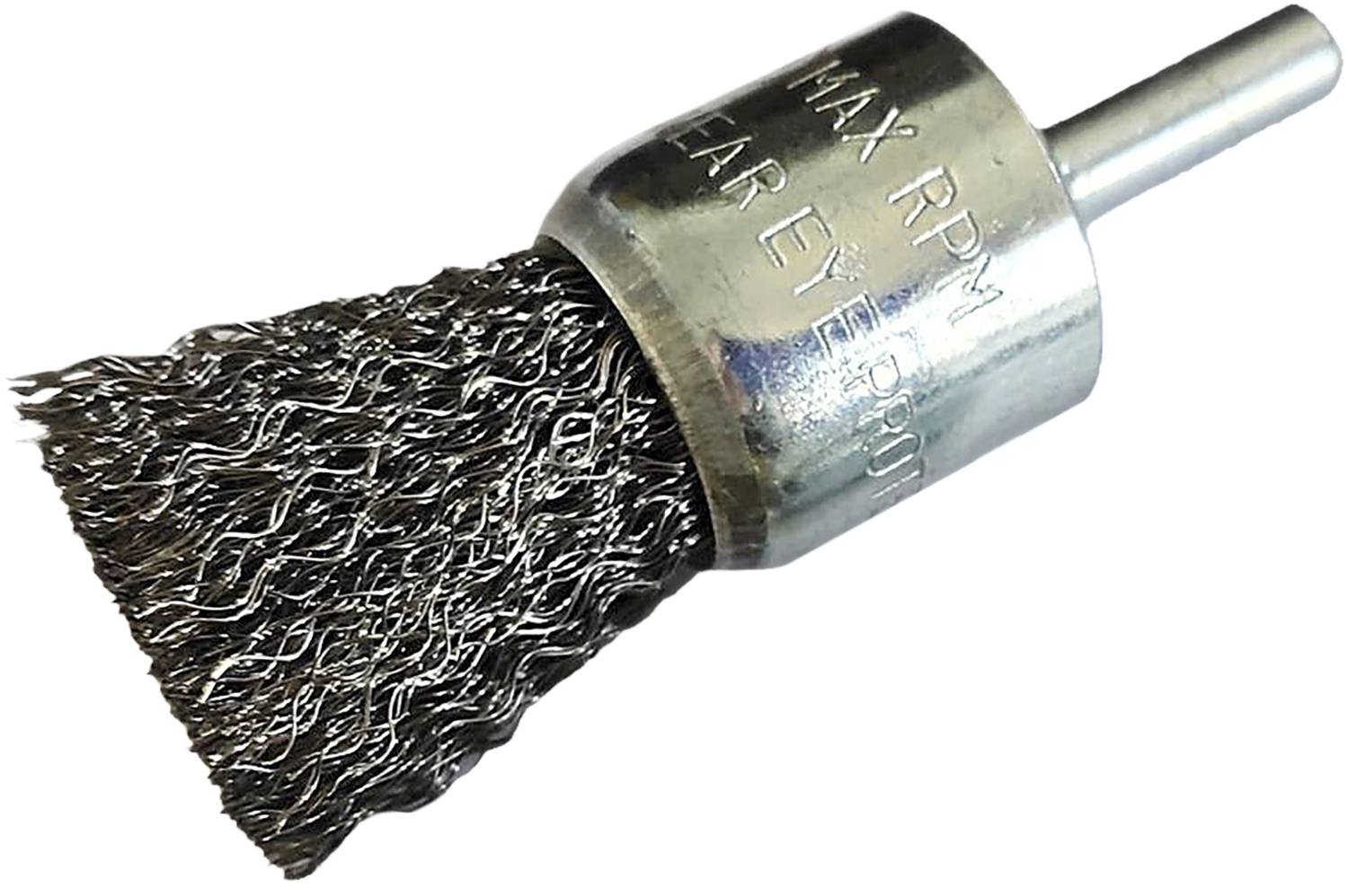 Drahtbürste mit Metallborsten und zylindrischer Halterung, verwendet für Reinigungs- oder Schleifarbeiten an Oberflächen.