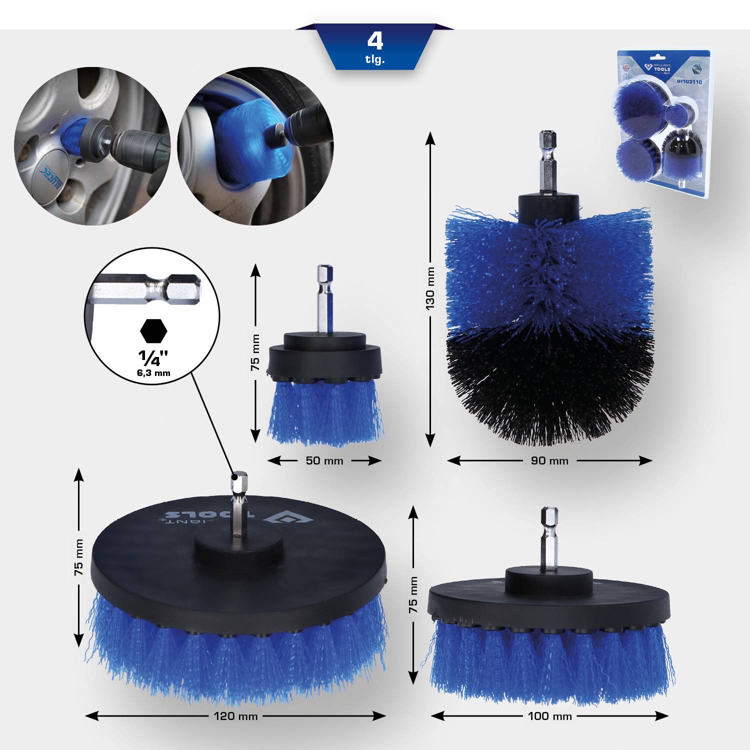'4-teiliges Reinigungsbürsten-Set': Verschiedene Größen von blauen Bürsten mit Antriebsaufsatz, geeignet für Bohrmaschinen.