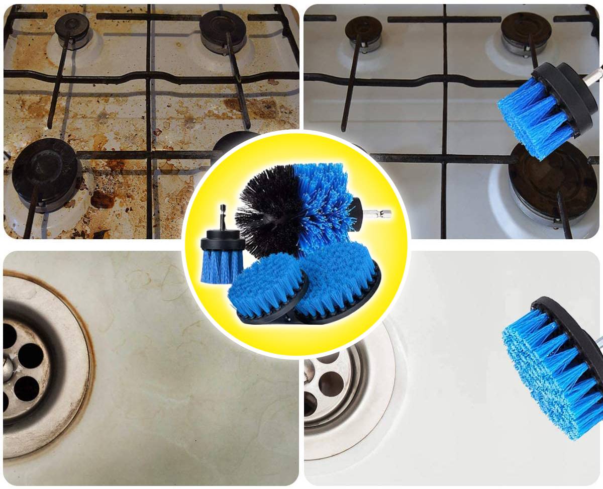 Reinigungsbürsten entfernen Schmutz von Herd und Spüle. Vorher-nachher Vergleich zeigt Effektivität der Bürsten bei der Reinigung.