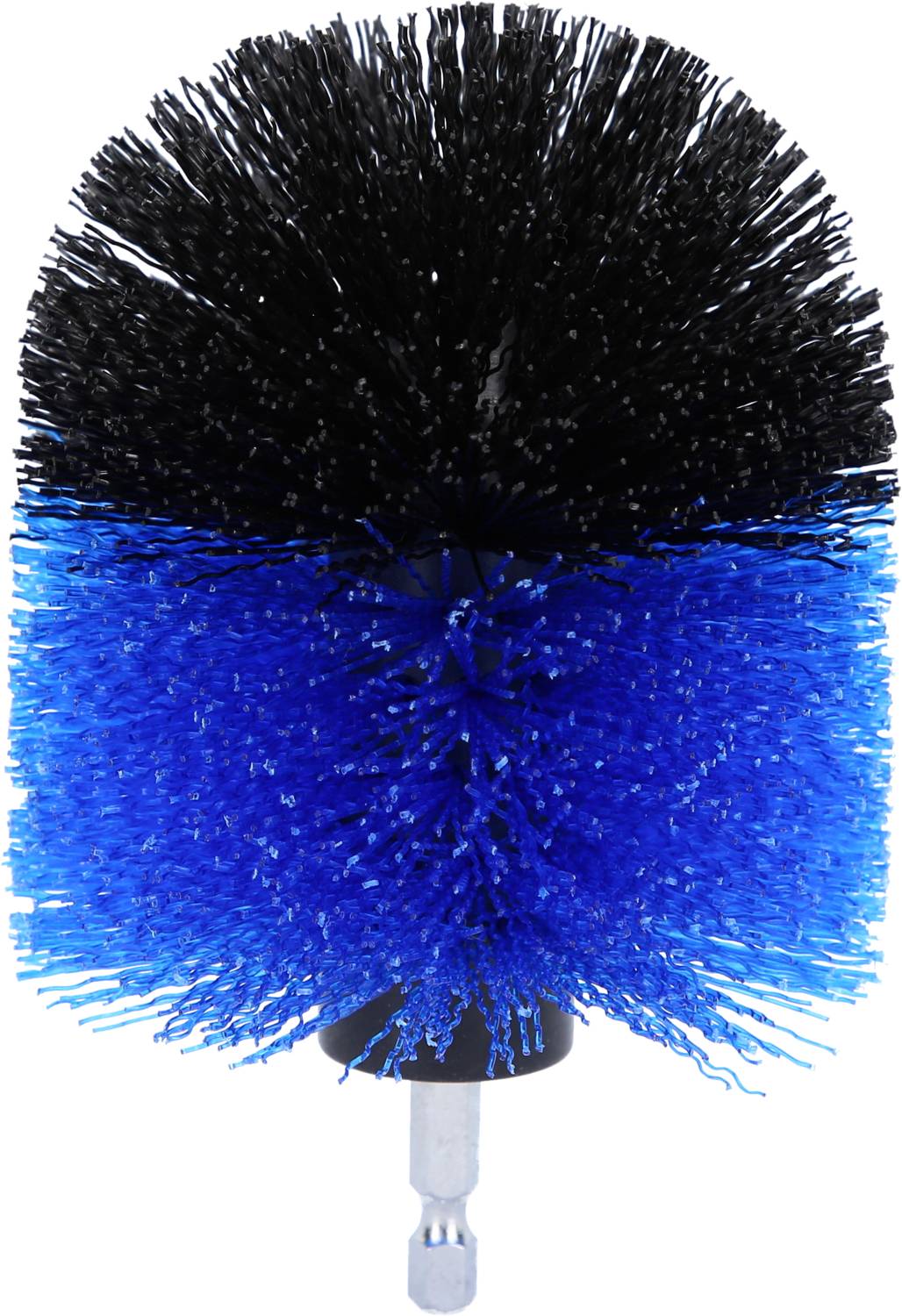 Bohrbürstenaufsatz mit schwarz-blauen Borsten, geeignet für kraftvolles Schrubben. Mit Sechskant-Befestigungsende für Bohrmaschinen.