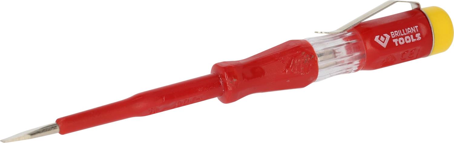 Ein roter Spannungsprüfer mit gelbem Ende und der Aufschrift 'BRILLIANT TOOLS', verwendet zum Überprüfen elektrischer Spannungen.