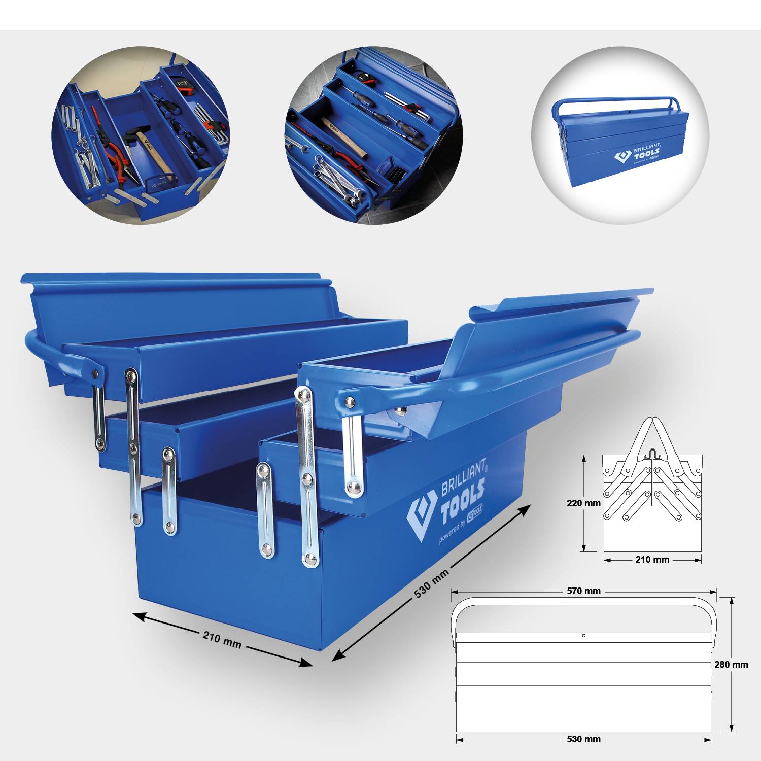 Blaue Werkzeugkiste, geöffnet, mit verschiedenen Fächern und Werkzeugen; Maße: 550 mm x 210 mm. Diagramm zeigt Fächeraufteilung.