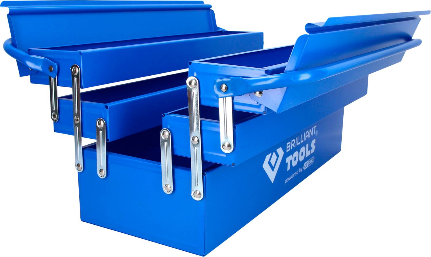 Blaue Werkzeugkiste mit mehreren Fächern, die geöffnet sind. Sie hat seitliche Griffe und zeigt das Logo von 'Brilliant Tools'.