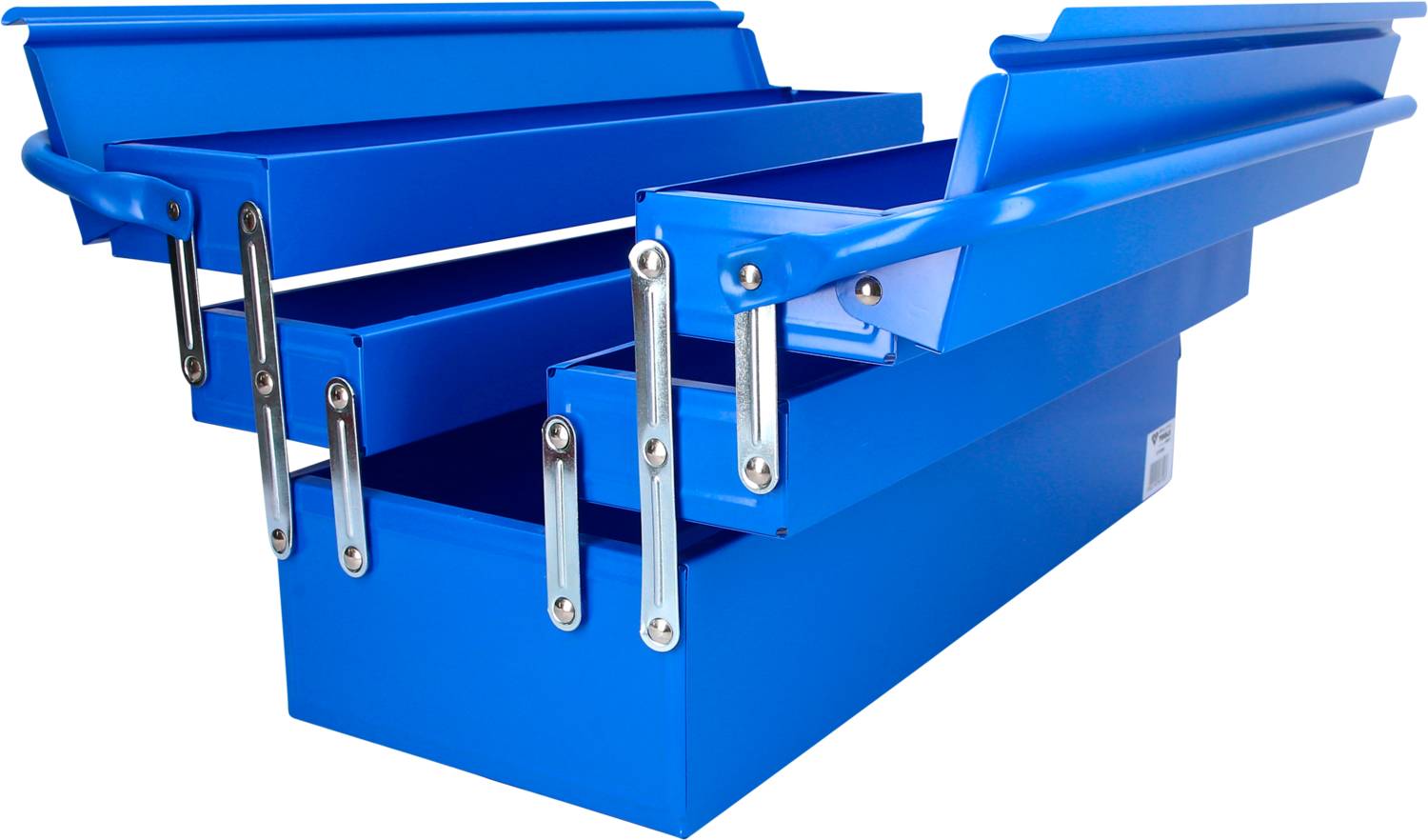 Eine geöffnete blaue Werkzeugkiste mit mehreren Fächern, in denen Werkzeuge organisiert und verstaut werden können.
