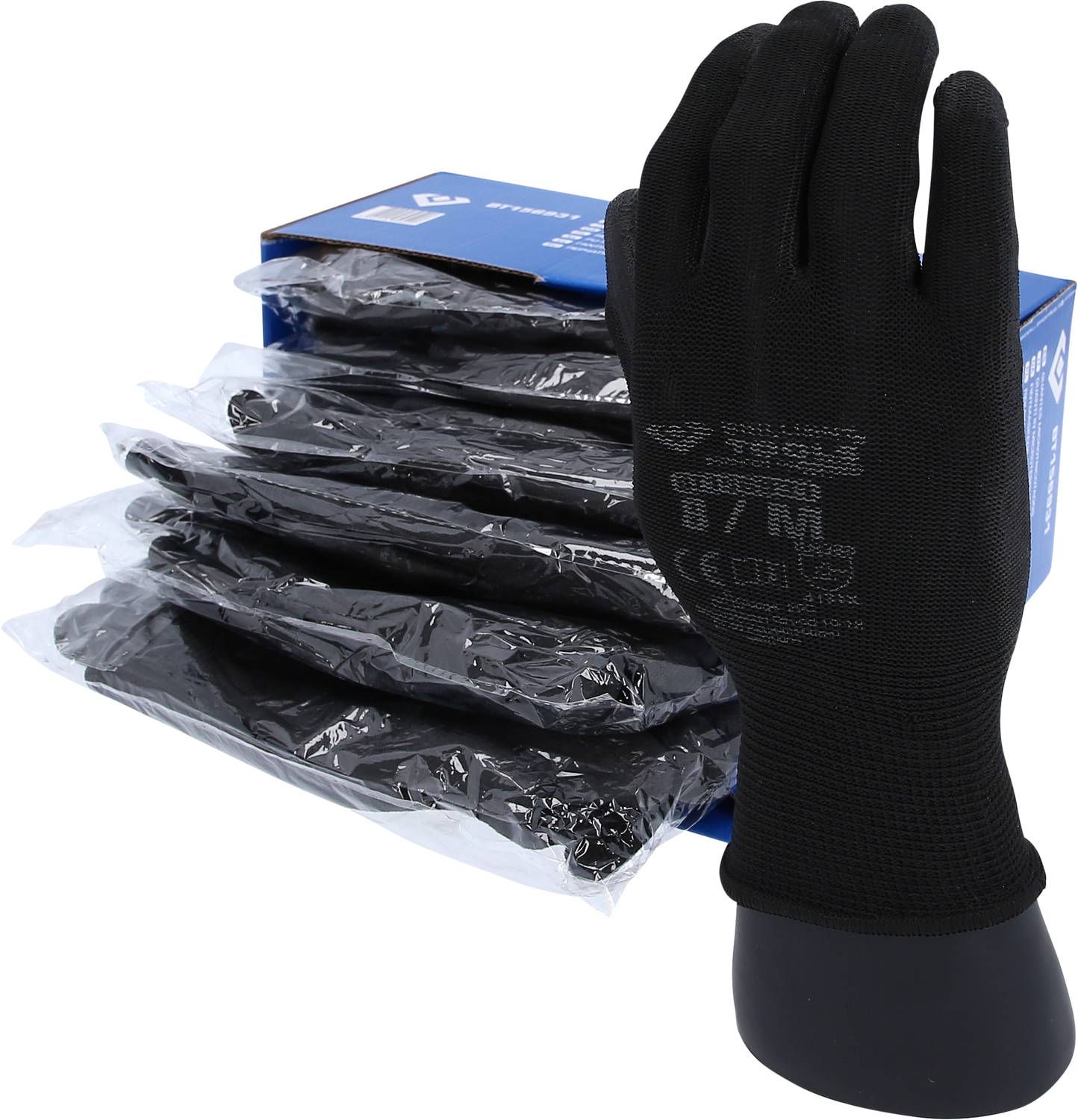 Ein schwarzer Arbeitshandschuh steht vor einer Schachtel mit mehreren verpackten, identischen Handschuhen. Verpackung zeigt Markenlogo.