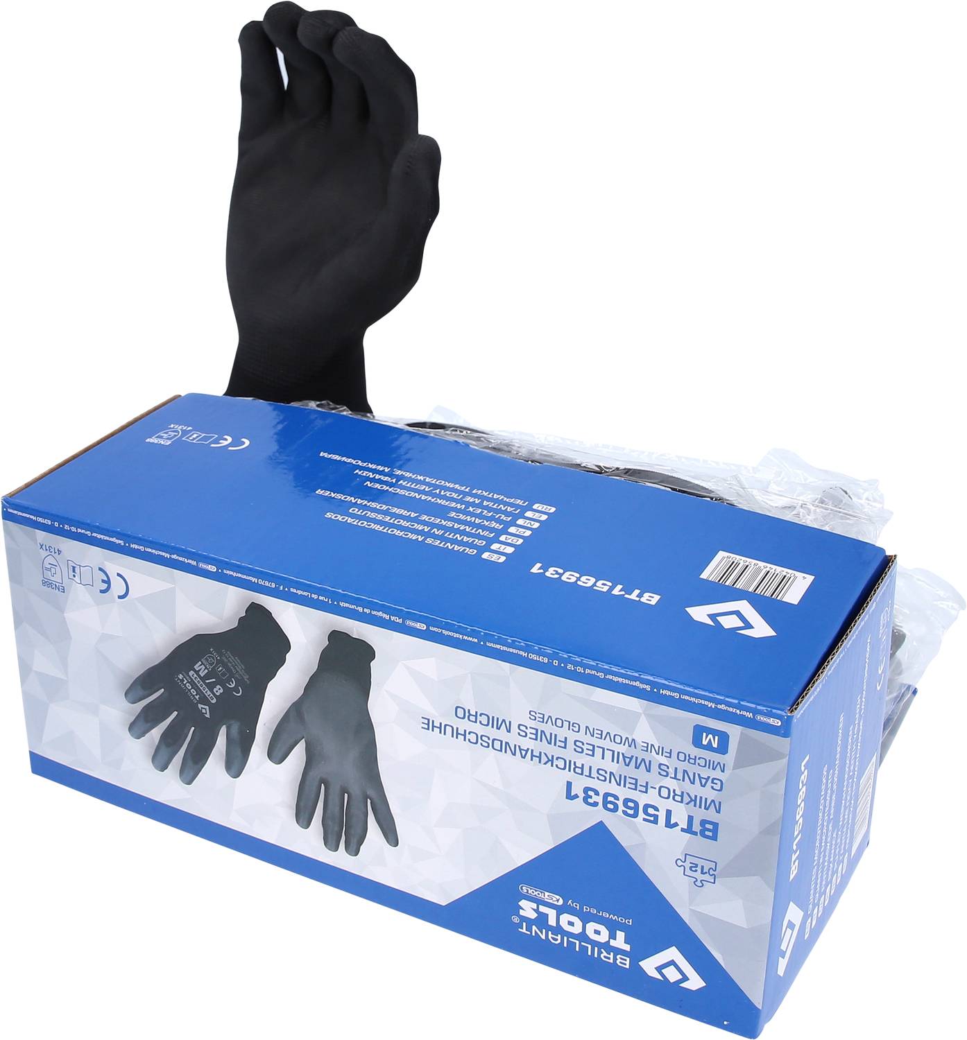 Schwarze Einweghandschuhe aus Nitril in einer blauen Verpackung, eine Hand zeigt die Form und Passform der Handschuhe.