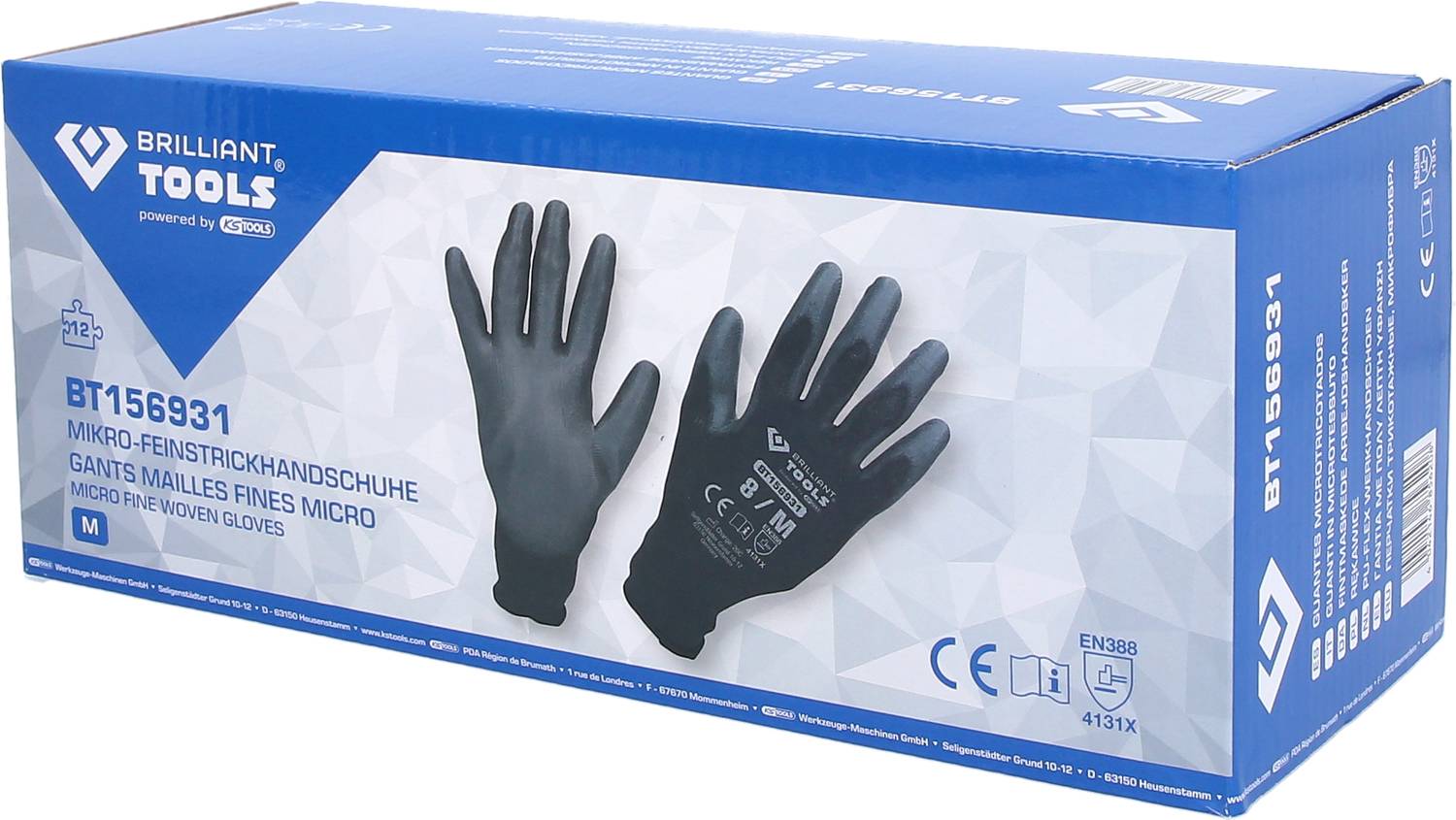 Verpackung von 'Mikro-Feinstrickhandschuhen' der Marke Brilliant Tools, Modell BT156931, Größe M. Aufdruck weist auf EN388-Schutzklasse hin.