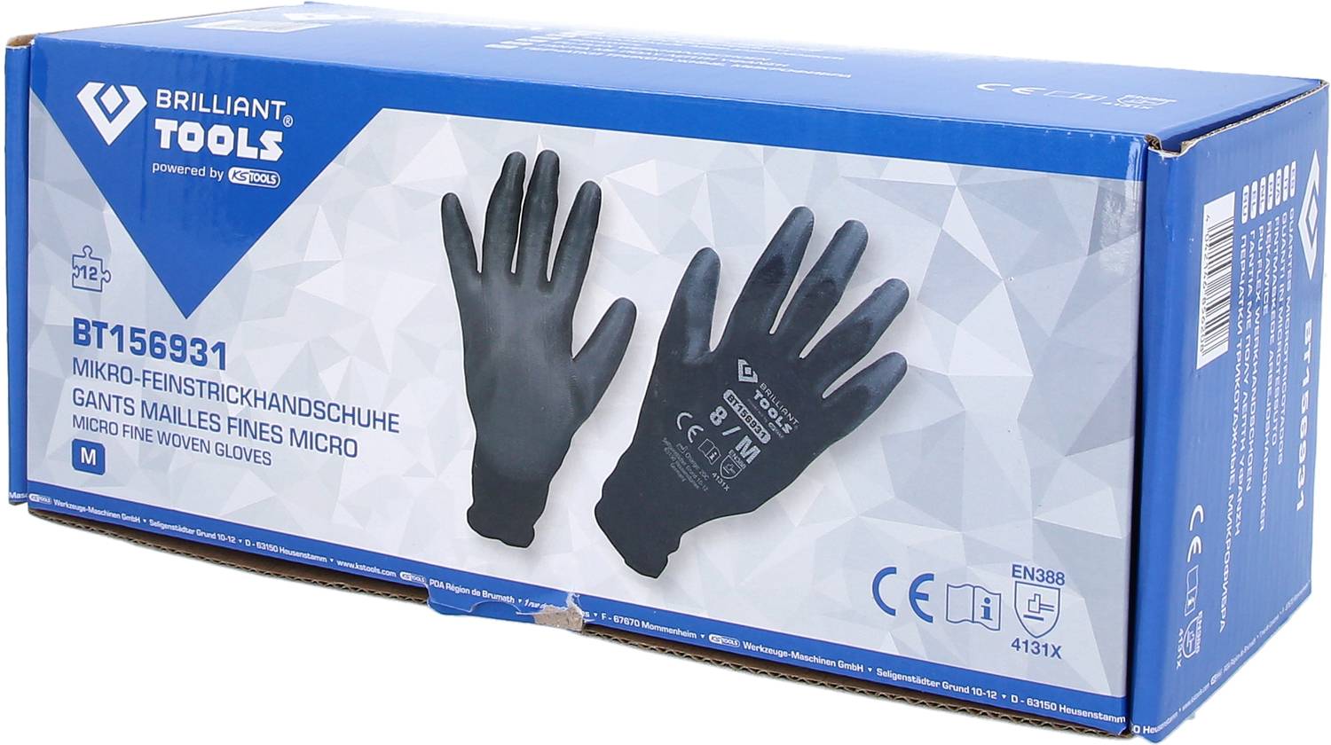 Verpackung von 'Brilliant Tools' Mikro-Feinstrickhandschuhen, Größe M. Zeigt ein Bild der schwarzen Handschuhe mit Produktinformationen.