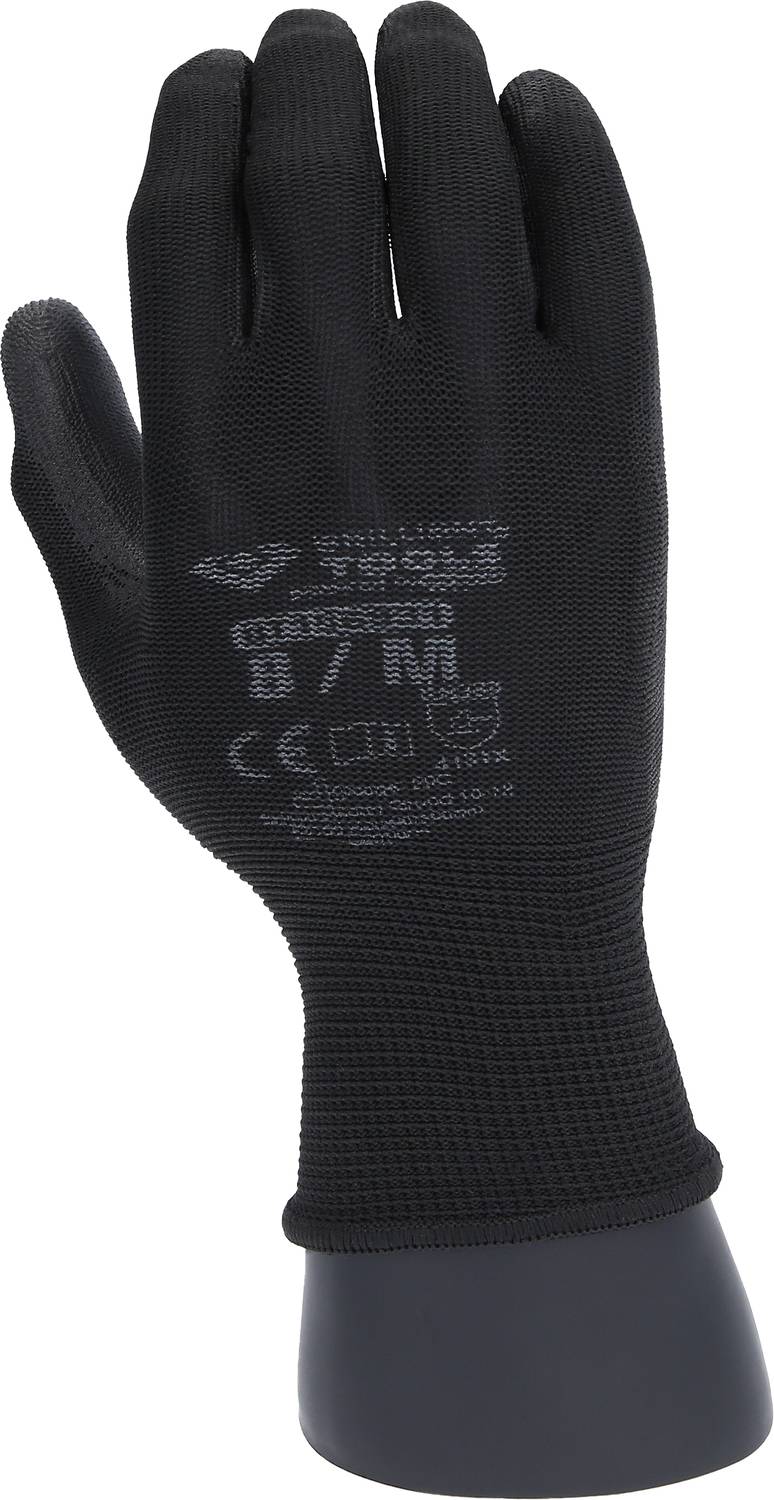 Schwarzer Arbeitshandschuh aus atmungsaktivem Material auf einem weißen Hintergrund, offenliegende Fläche zeigt Handrücken.