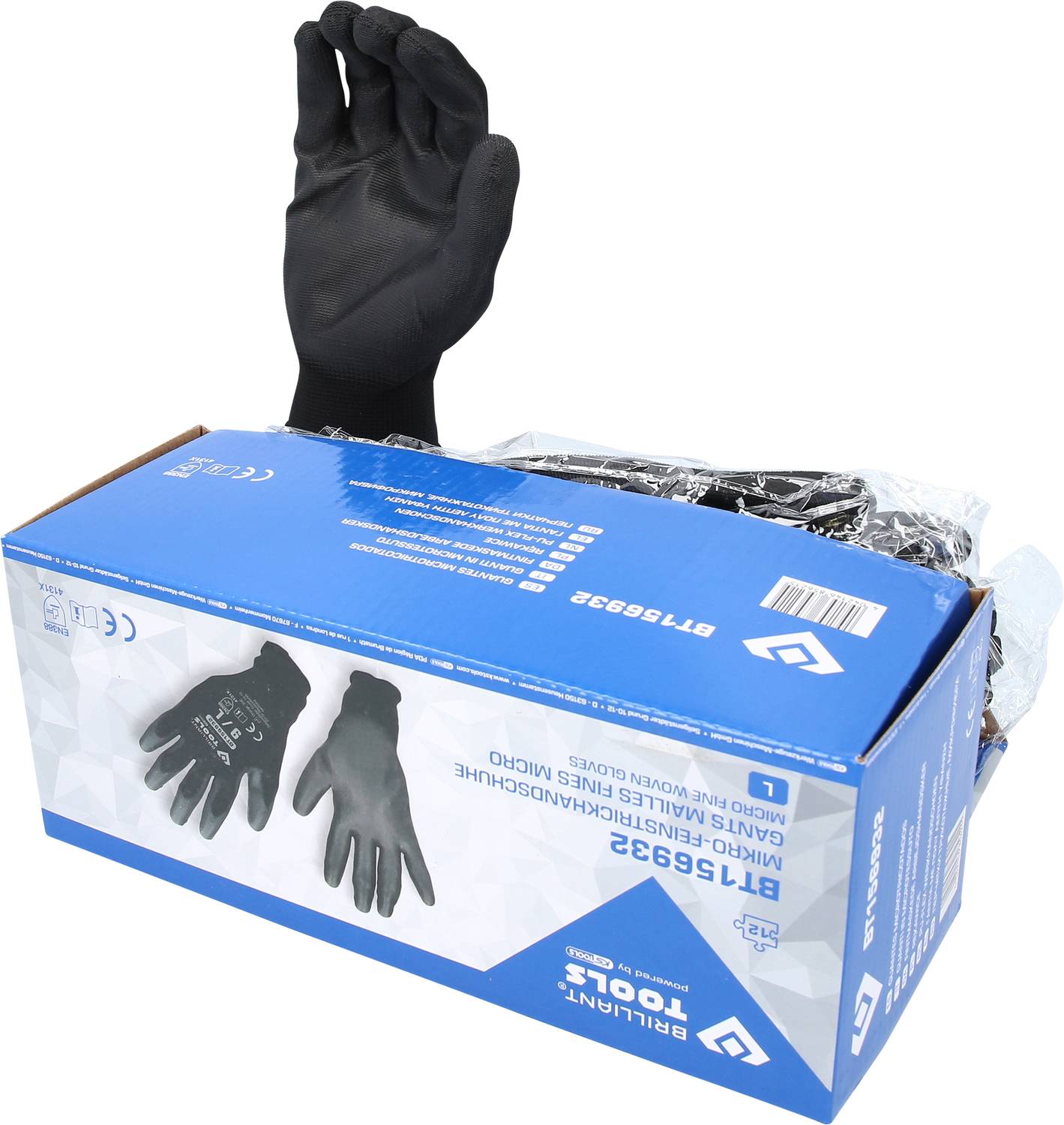 Ein Karton mit schwarzen Schutzhandschuhen. Ein Handschuh steht aufrecht aus dem Karton heraus. Verpackung zeigt Handschuhdetails.