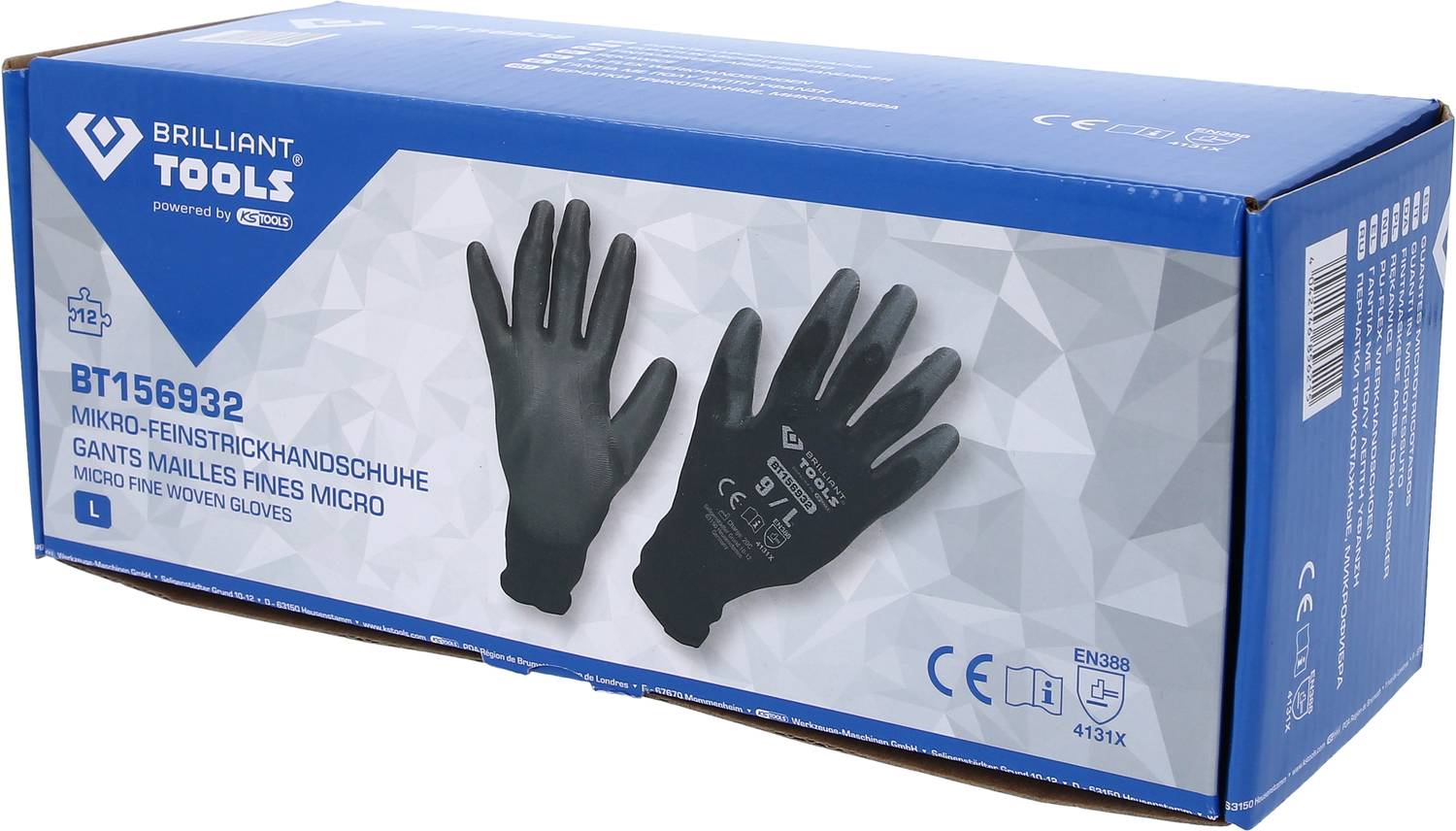 Verpackung von Mikrofaser-Handschuhen 'BT156932', die feine Arbeiten ermöglichen. Zu sehen sind schwarze Handschuhe und CE-Zertifizierungen.