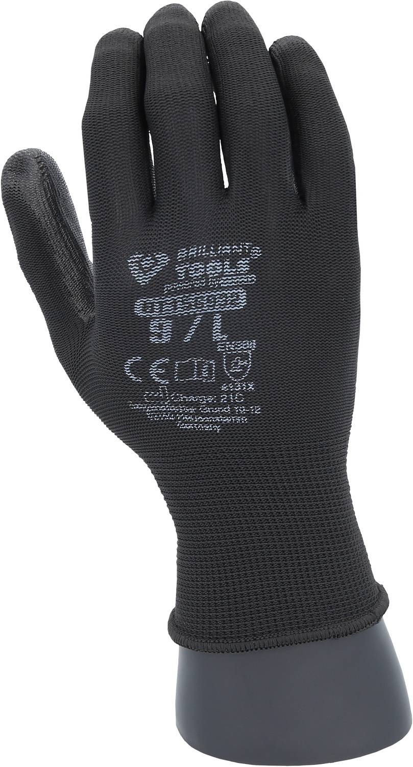 Ein schwarzer Arbeitshandschuh mit weißen Symbolen und Text. Der Handschuh hat eine rutschfeste Oberfläche und ist für Schutz zertifiziert.