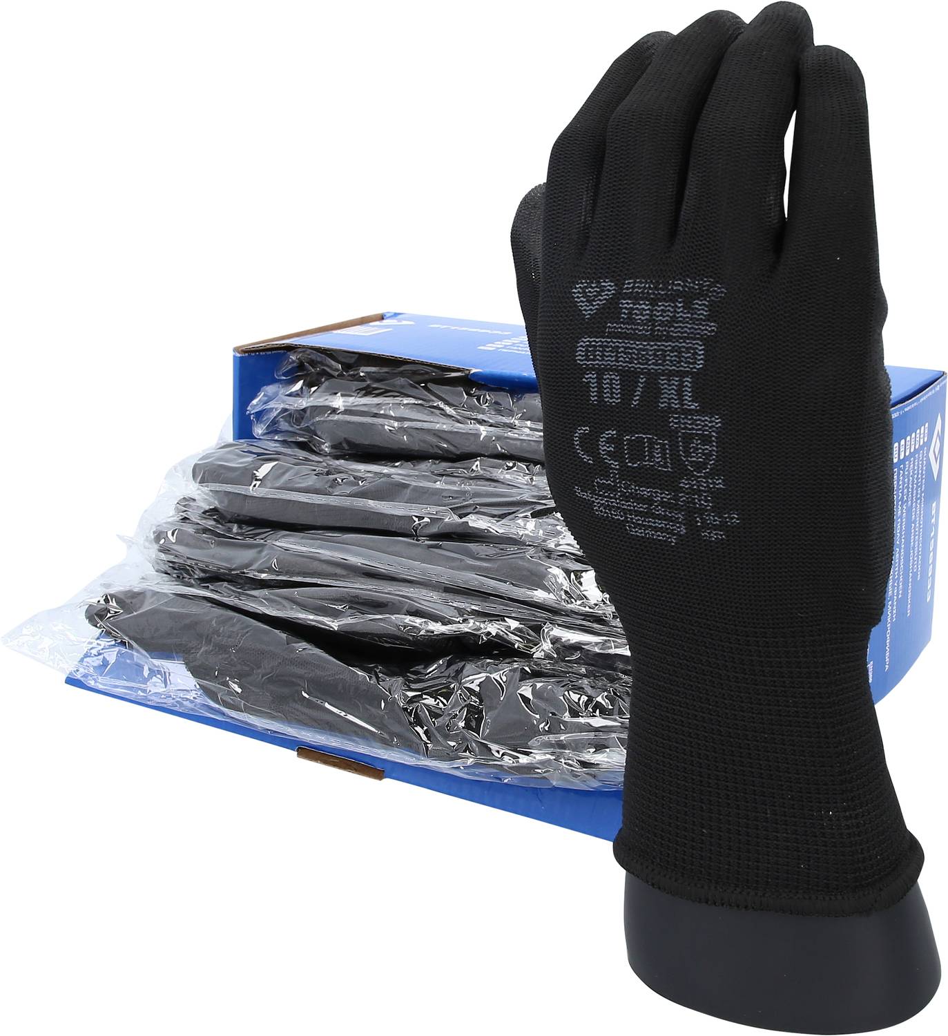 Schwarzer Handschuh steht auf einem schwarzen Ständer vor einer offenen Schachtel mit weiteren Handschuhen. Handschuh zeigt Aufdruck.