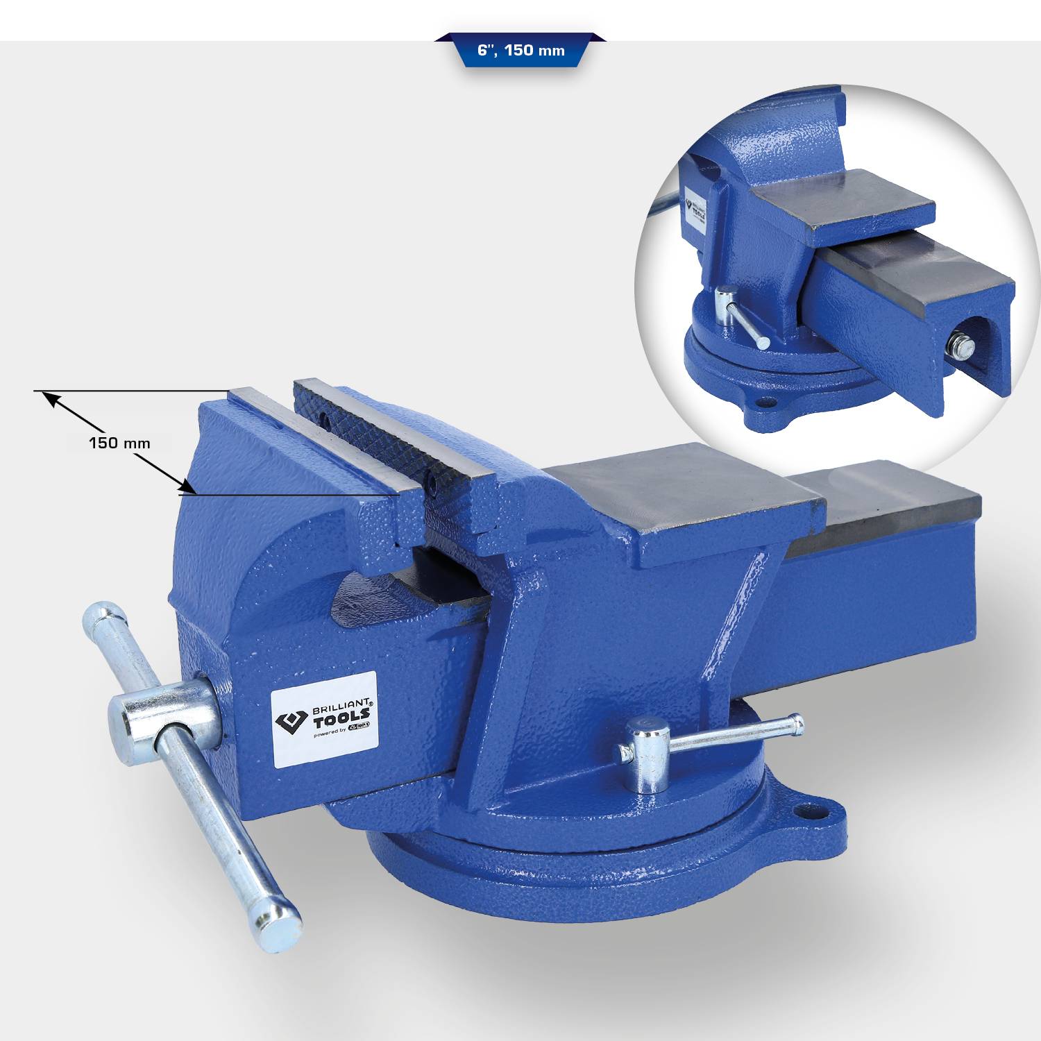 Blauer Schraubstock, Breite 150 mm, mit detaillierter Seitenansicht. Markenzeichen 'Brilliant Tools'. Perfekt zum sicheren Fixieren von Werkstücken.