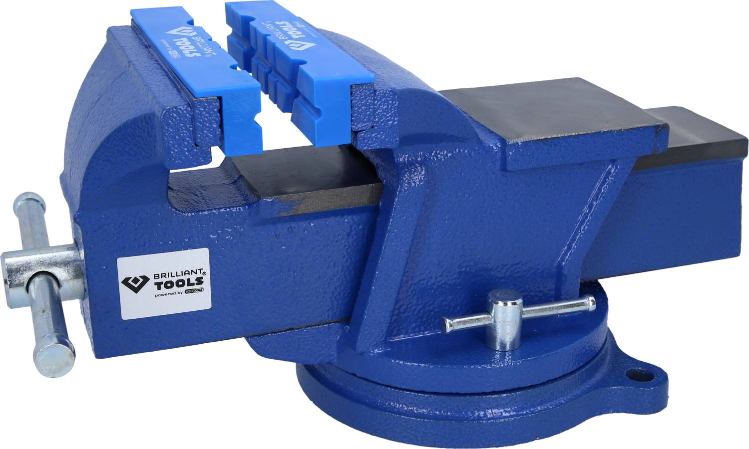 Blauer Schraubstock aus Metall mit festem Unterteil und drehbarer Basis. Geeignet zum Fixieren von Werkstücken bei der Bearbeitung.