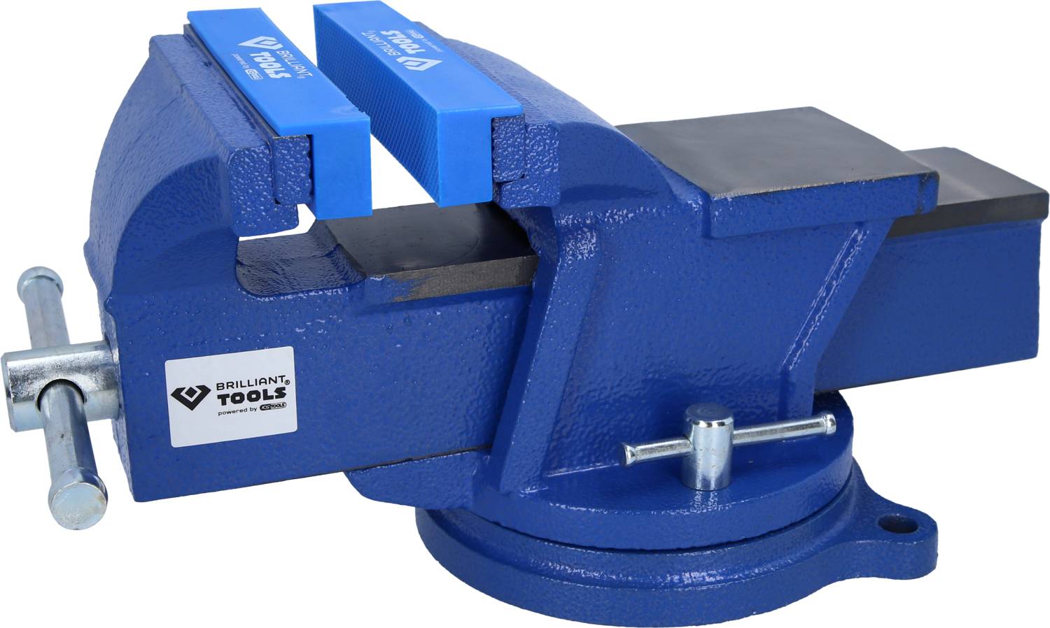 Ein blauer Schraubstock aus Metall mit silbernem Griff und Logo der Marke.