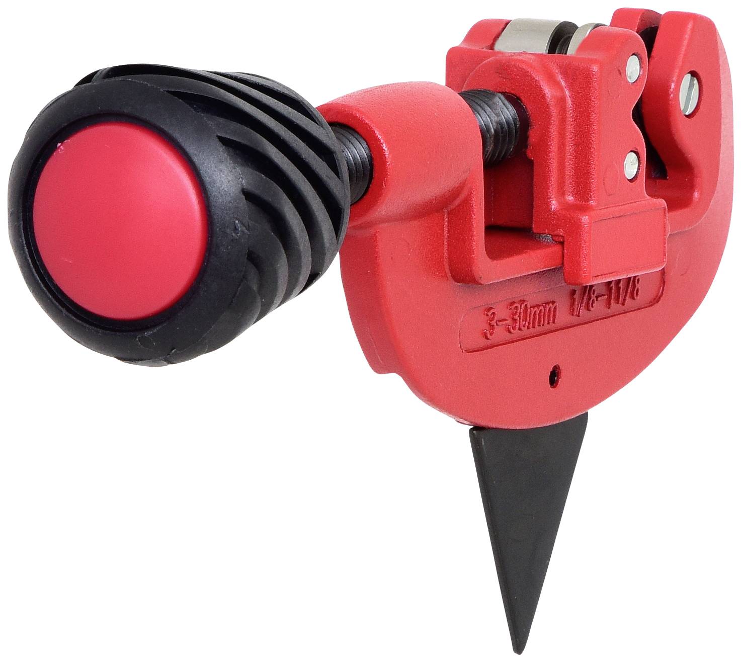 Ein roter Rohrschneider mit schwarzem Griff und einstellbarem Schneidmechanismus, geeignet für Rohre von 3 bis 30 mm Durchmesser.
